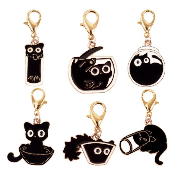 チャーム 6個セット ナスカン ミニサイズ ワンポイント 黒猫チャーム 黒猫キーホルダー かわいい 軽量 黒ねこ 猫 アニマル プレゼント