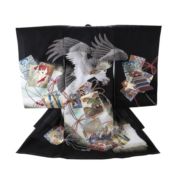 高級和装小物　新品 美品】お祝い着 初着 着物 長襦袢 2点セット 男の子 鷹 黒24cm
