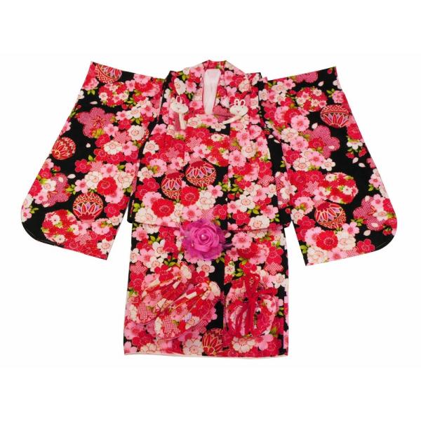 七五三 3歳女の子 総柄 着物 7点セット 被布コートセット 黒着物 fk-79