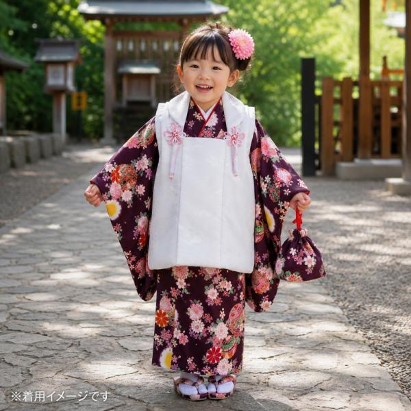 七五三 3歳女の子 総柄 着物 8点セット 被布コートセット 濃紫の着物 fk-155-26