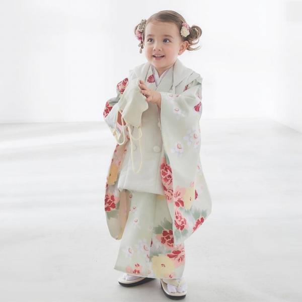 ❀KOHARU❀新品・未使用 被布セット 七五三 3歳 女の子 七五三 着物 3歳 女の子 被布セット KOHARU 「白、白緑色 牡丹に