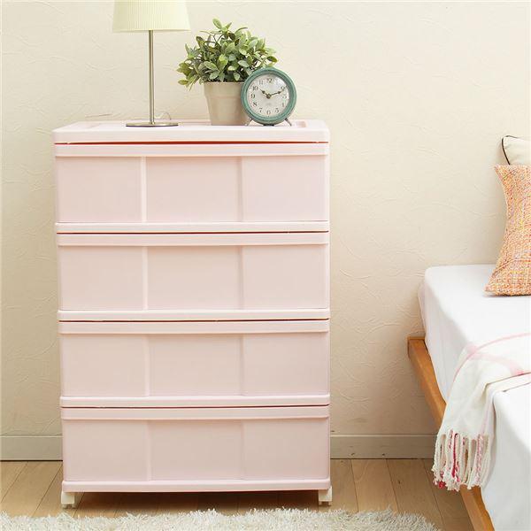 ワイド チェスト/収納棚 〔4段 約幅60cm ピンク〕 キャスター付き 日本