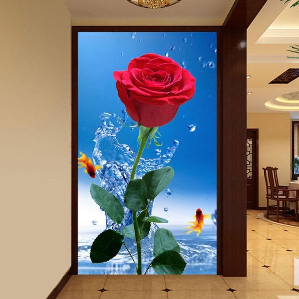 壁紙 ３d 玄関用 1ピース 1m2 自然風景 ローズ 赤い薔薇 金魚 インテリア 装飾 部屋 耐水 防湿 耐衝撃 騒音吸収 H