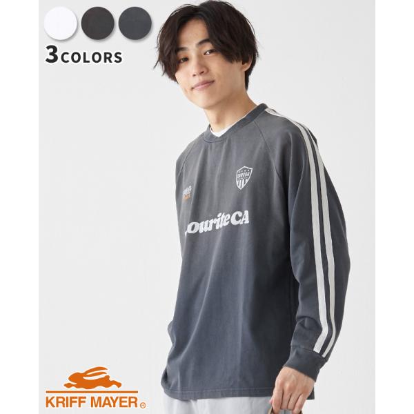 クリフメイヤー KRIFF MAYER メンズ ユニセックス 長袖 Tシャツ ロンT ロゴ プリント 袖リブ ユーズド加工 古着風 アメカジ 袖ラインゲームシャツ