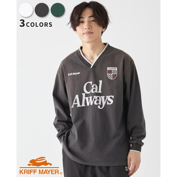 クリフメイヤー KRIFF MAYER メンズ ユニセックス 長袖 Tシャツ ロンT ロゴ プリント 袖リブ ユーズド加工 古着風 アメカジ Vネックゲームシャツ