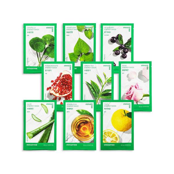 innisfree イニスフリーエネルギーマスク / エナジーマスク＊ オートミール 10枚(NEW)＊ アロエ 10枚＊ グリーンティー 10枚＊ イチジク 10枚＊ ローズ 10枚＊ アサイベリー 10枚＊ ツボクサ 10枚＊ ドクダミ...