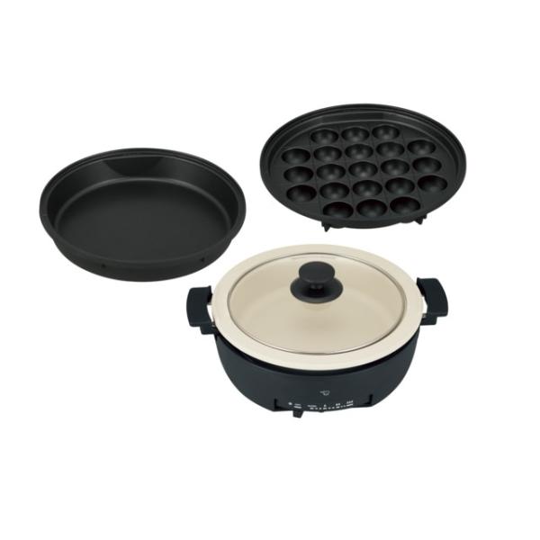 [Release date: September 1, 2023]象印マホービン グリルなべ（あじまる） EP-FS30 BA ブラック・3枚タイプ・食材の彩り、だしの色が映える　「土鍋風なべ」・「区切り線つきたこ焼きプレート」