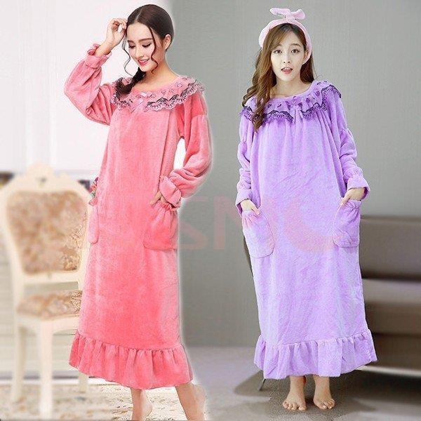 新作パジャマ 2色 秋冬新作 フランネル レディース レース 姫系 もこもこ ルームワンピース ロング丈 秋冬用 ネグリジェ 寝巻き 防寒 部屋着 可愛い Apaproduction Fr