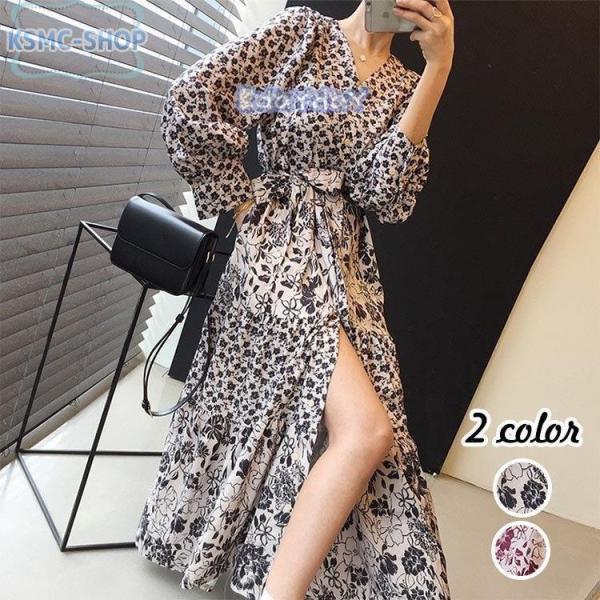 ワンピース レディース ワンピース キレイめ 膝丈ワンピース 春秋 長袖 シフォンワンピ 花柄 ロング丈ワンピ オシャレ Vネックワンピース 通勤 着痩せ 35 Off