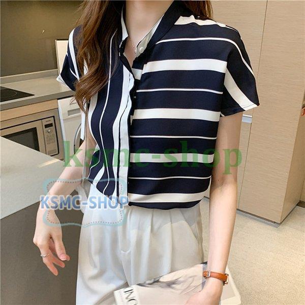 ブラウス レディース オフィス 夏服 おしゃれ 半袖 40代 代 仕事 襟付き トップス シャツ シフォン ストライプ きれいめ 着痩せ 韓国風 大人 上品 通勤 新品 Rczbr9uzha ファッション Www Ladosur Cl
