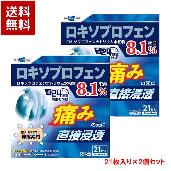 ●鎮痛消炎効果のあるロキソプロフェンナトリウム水和物を配合した貼付剤です。●有効成分の働きで、肩の痛み、腰痛、関節痛等の症状を改善します。●伸縮性の高い高密度織布を使い、関節部位にもぴったりフィットします。内容量：21枚×2個効能・効果：関...