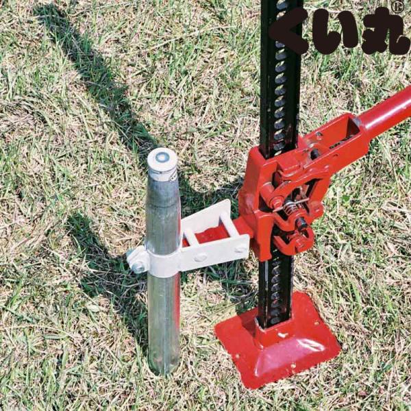 カージャッキやお手持ちのダルマジャッキでくい丸が楽々抜ける  商品名  ジャッキ併用タイプ(48.6)   適合するくい丸  太さ48.6mm   重さ  830g (約0.83kg)   入数  1   梱包  簡易袋入梱包(梱包重量0....