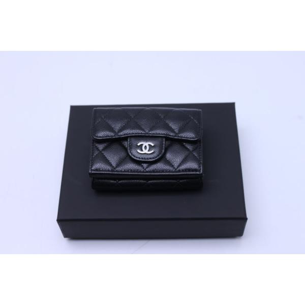 美品 CHANEL キャビアスキン 三つ折り 財布 コンパクト ウォレット 黒 CHANEL CHANEL シャネル キャビアスキン 黒 三つ折り コンパクト