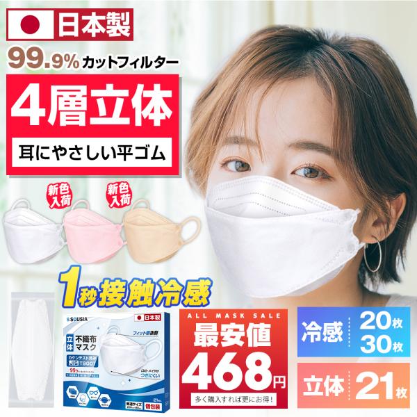 マスク 日本製 21枚 不織布 冷感マスク 20枚 30枚 信頼の日本製 医療用クラスの性能 3D立体構造 4層構造 メイクつきにくい 息がしやすい