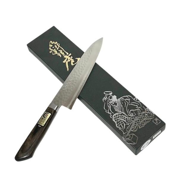 源明利作 刻流 牛刀180mm VG10積層鎚目打 口金付 ブラウンアッシュ柄