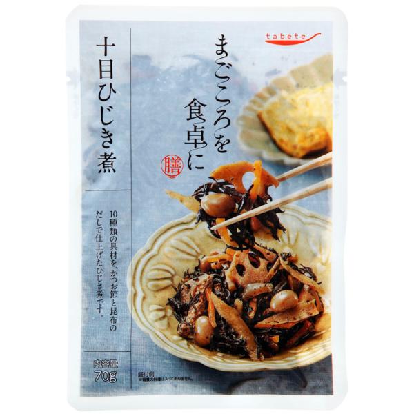 【国分】tabete まごころを食卓に 膳  ＜十目ひじき煮＞ 70g●10種類の具材を、かつお節と昆布のだしで仕上げたひじき煮です。原材料：ひじき(中国、韓国)、大豆、加工にんじん、砂糖、しょうゆ、ごぼう、乾しいたけ、加工れんこん、鶏肉、...