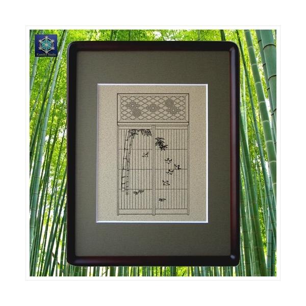 組子細工欄間入り書院障子影絵100選 No.44 竹に叢雀