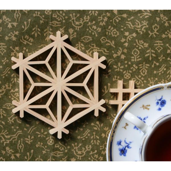 組子細工の人気アイテム、組子コースターです。麻の葉は組子細工では一番人気の柄です。組子コレクションの一品としていかがですか。お客様のグループ別に組子コースターの柄を変えてみるのも楽しいですね。ひのき無垢材が織りなす組子柄の美しさをお楽しみく...