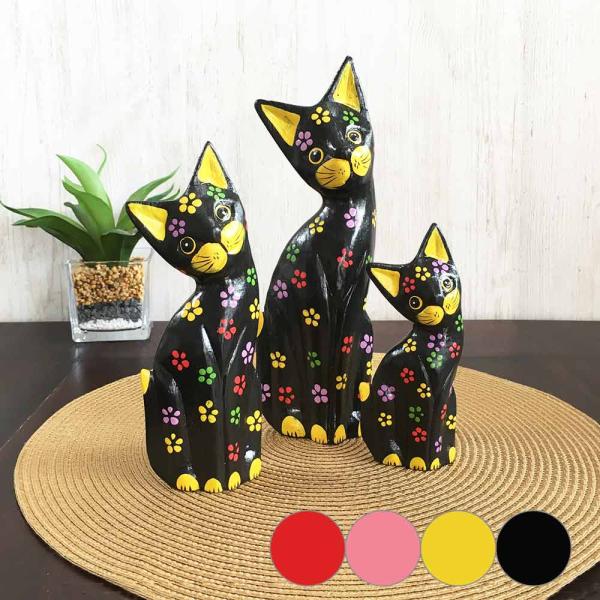 木彫り かしげバリネコ 3つセット 4色 アニマル 猫 置物 小物 バリ島 アジアン アジアン雑貨 バリ雑貨 木彫りインテリア　ハワイアン　ボーホー　モロッカン