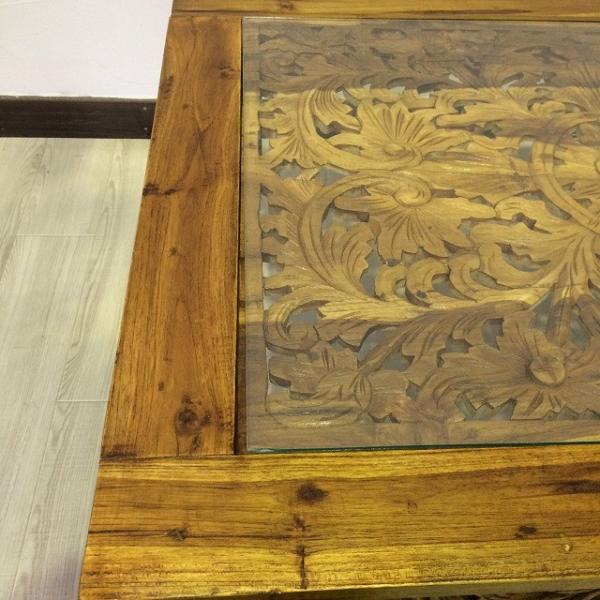 チーク バリ彫刻デザインローテーブル 彫刻 木目 ガラス天板 北欧