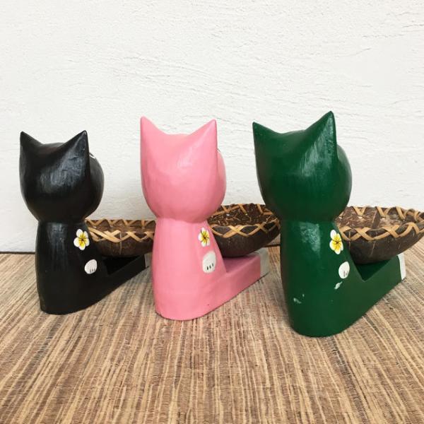木彫り お皿持ちバリネコ 5色 ココナッツ 小物入れ 猫雑貨 木彫りの
