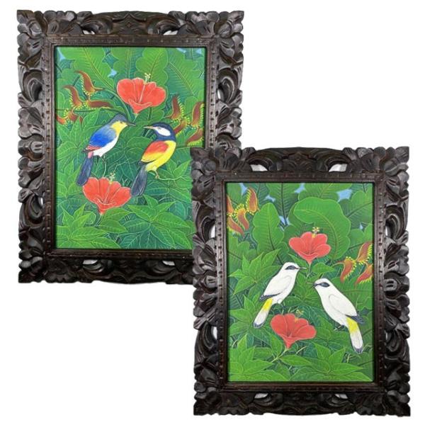 バリ絵画 ブンゴセカン 鳥の絵 ハイビスカス 赤 ２柄 W43×H53cm バリアート 額縁 花鳥風月 インテリア バリ雑貨