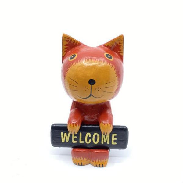 バリ雑貨 木彫り猫 2体セット バリ猫 オブジェ ウェルカムボード バリネコ ウェルカムサインボード 木製オブジェ 3色 木彫り バリ猫