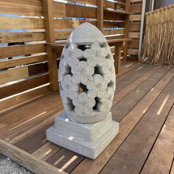 バリ島製 セメントオブジェ ロケット型 プルメリア グレー H65cm 石彫り 石像 アジアン ガーデン 彫刻