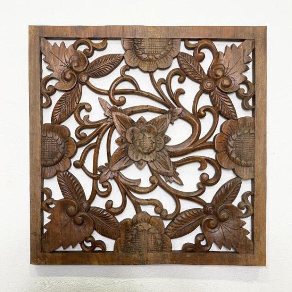 木製 彫刻レリーフ 大型 片面彫り 60×60cm 花 パネル 壁飾り 木製 彫刻レリーフ 大型 片面彫り 60×60cm 花 パネル 壁飾り