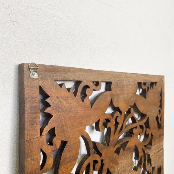 木製 彫刻レリーフ 大型 片面彫り 60×60cm 花 パネル 壁飾り 欄間