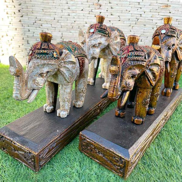 ヴィンテージ　アジアン木彫りオブジェ置物２個セット 象の置物 2連 木彫りの象 W40cm 2色 金 白 象 ゾウのオブジェ