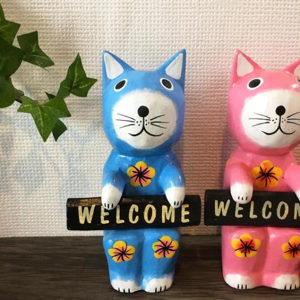 バリネコ WELCOMEサインボード 木製 オブジェ 5色 ネコの置き物 木彫り
