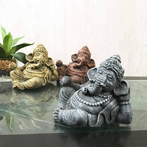 ガネーシャ 石像 ミニ 寝そべり 3色 H13cm 金 ゴールド グレー