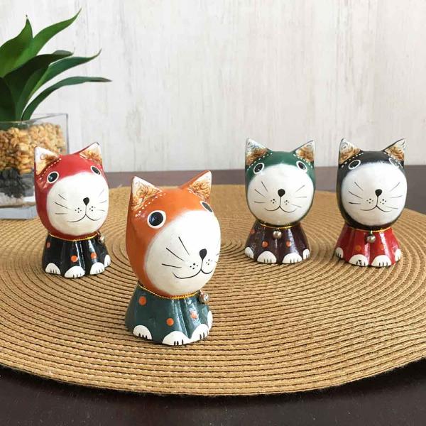 木製 バリネコ オブジェ ネコの置き物 4色 木彫り ネコのオブジェ 猫 ねこ 置物 ビッグヘッド 猫雑貨 猫グッズ アニマル 小物 バリ島 アジアン 雑貨 インテリア