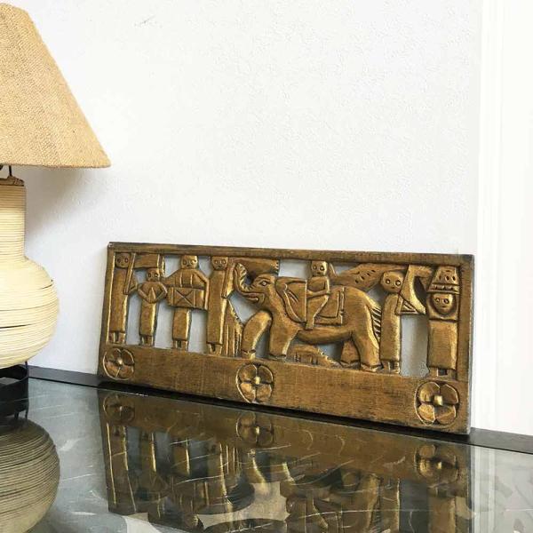 アジアン雑貨 木製 レリーフ ゾウ 象 W50cm ゴールド 金 アートパネル 木彫り ウォールデコレーション ウッドパネル 壁掛け インテリア エスニック アジアン