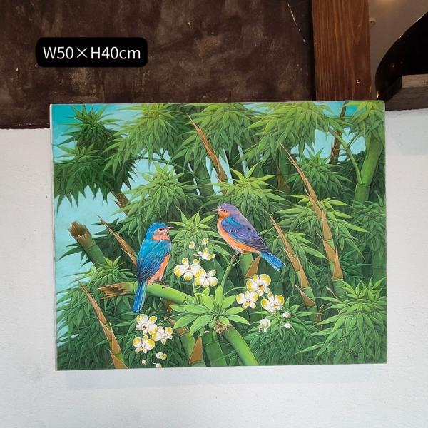 バリ絵画 鳥の絵 2羽 小鳥 花の絵 フラワー W40×H50cm ブンゴセカン