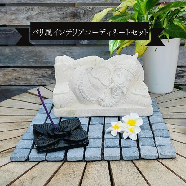 石像 ガネーシャ 置物 お香立て プルメリア 造花 セット オブジェ グレー 灰色 H30cm  石 飾り 石の彫刻  オーナメント ガーデン 庭 バリ アジアン雑貨