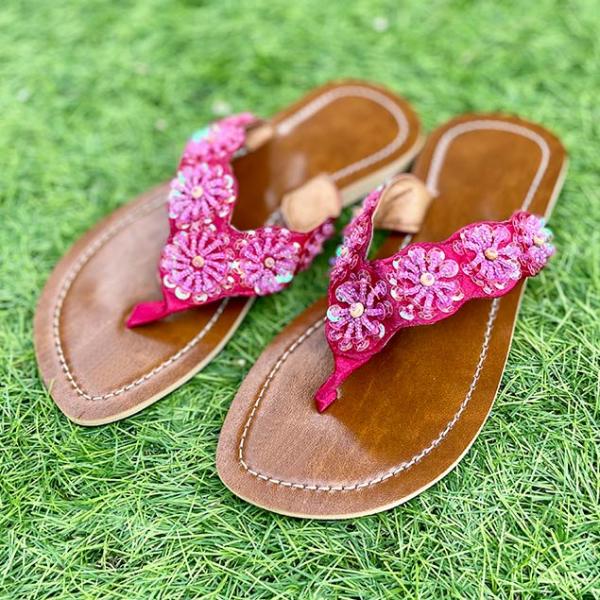 メール便対応可 サンダル レディース ぺたんこ 夏 スパンコール ピンク 花 23〜24.5cm アジアンサンダル エスニック