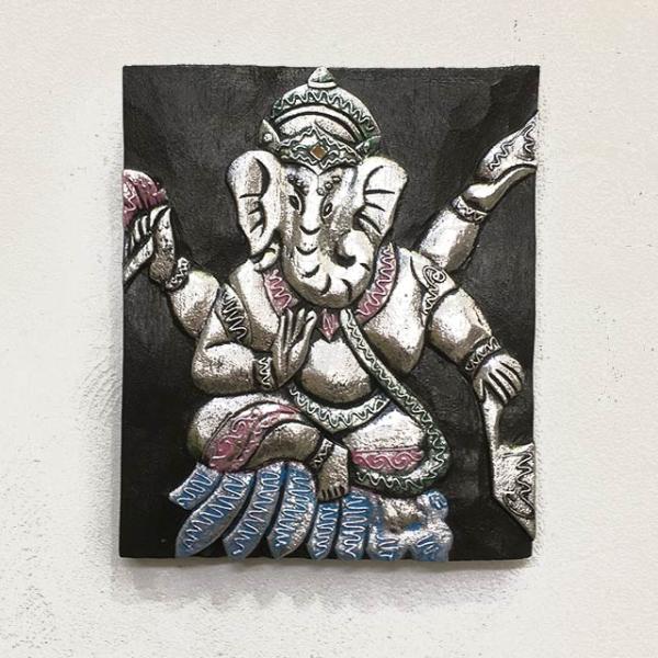 アート パネル 木製 レリーフ ガネーシャ シルバー 壁掛け インテリア