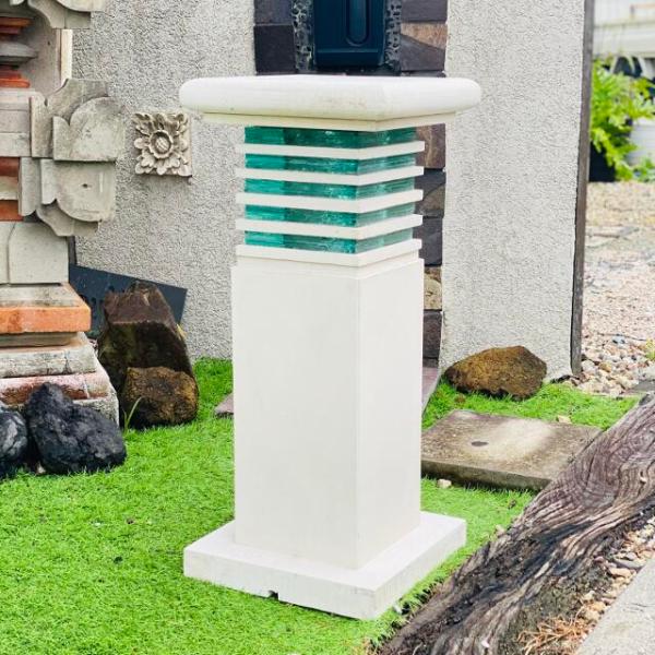 バリ島石材 自然石 硝子灯篭 白 大 70cm 灯籠 ライト付き アジアンランタン スタンド ランタン センサーライト ガーデンライト 和風