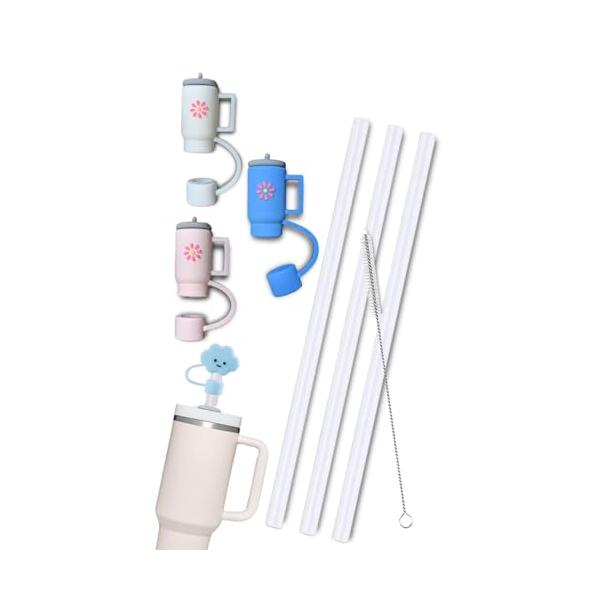 ホワイト/30cm x 1cm/001・Model:001・?ストロー3本とキャップ3個と掃除ブラシ1本のセットです。・?ストローは幅1cm長さ30cmです。大きいスタンレーのタンブラーにも対応いただけます。・?ストローキャップはとてもかわ...