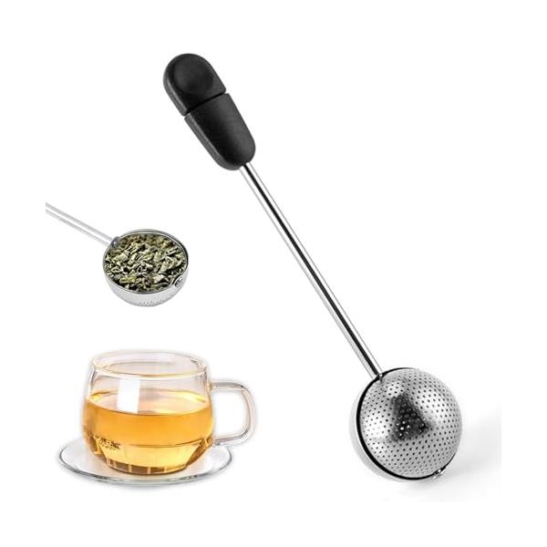 茶こし ボール茶漉し ティーフィルター茶葉濾過超微細メッシュ お手入れ簡単 便利 耐熱性 取っ手と蓋付き 茶道 料理 ステンレス製 ブラック