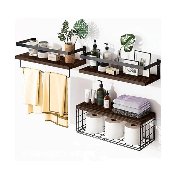 ダークブラウン/高さ1.5cm、幅15cm、長さ40cm/-・Color:ダークブラウン・強力な収納力：当店の壁掛け 棚には便利なワイヤー収納バスケットが付属しており、予備のトイレットペーパーやその他の必需品の保管に最適です。 組み立てが簡...