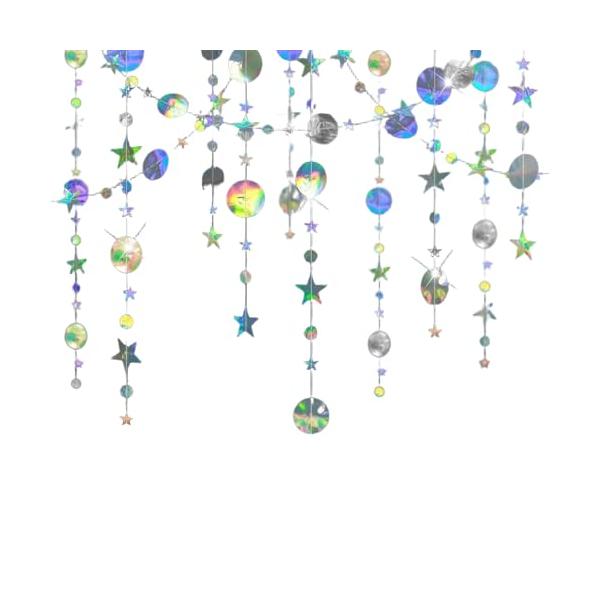 キラキラシルバー/4メートル/Z1・Color:キラキラシルバー・セット内容紙製4メートル×4本、合計16メートルの装飾ガーランド。星や惑星モチーフでパーティーを華やかに演出。・カラフルデザイン虹色の星ペンダントが特徴。お部屋やイベントを明...