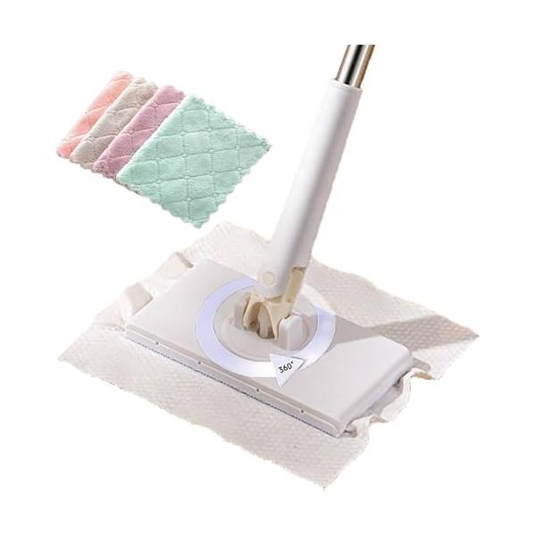 ホワイト/-/-・使いやすい：自動で雑巾を挟むモップ、クレンジングタオルが一瞬でモップに変身、手洗い不要/自動でシートを挟む/360°回転可能。ハンドルで軽く押す、1秒だけでクロスを挟める、従来の掃除方法を変える手を汚さず/接触しない/高所...