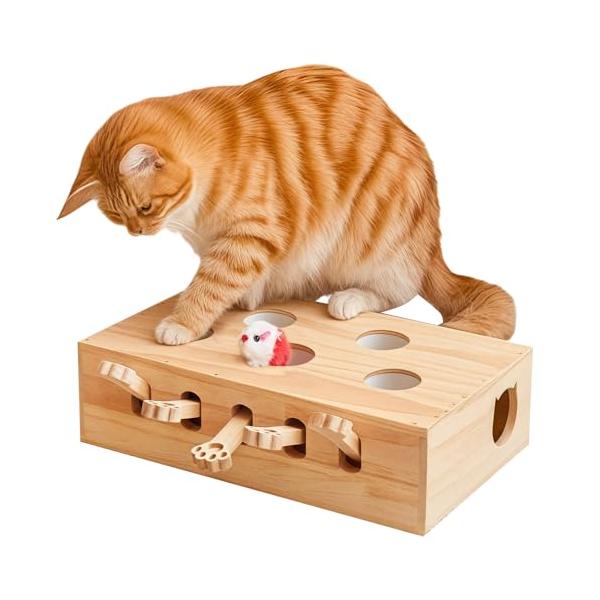 木製パズル原木色/35 センチメートル X 30センチメートル X 10.0 センチメートル/DDS-002・知育玩具: 猫の狩猟本能を刺激する木製パズルボックスで、運動能力と問題解決能力を向上させます・高品質素材: 丈夫な木材を使用し、安...
