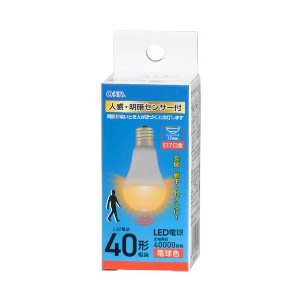 電球色/40形/LDA4L-G/E17 PIR・Color:電球色Size:40形・パッケージ個数:1・ 特 長 　 周囲が暗いとき人が近づくと点灯します　 人の動きがなくなると約2分後に自動消灯　 急に消えないから安心、消灯お知らせ機能（...