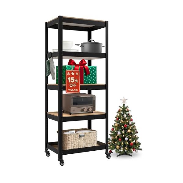 他サイト： HOMEDANT House 組立簡単 ラミネート スチールラック キッチン 5段 幅60 奥行40 高さ158 ブラック キャスター付き 車輪の商品画像