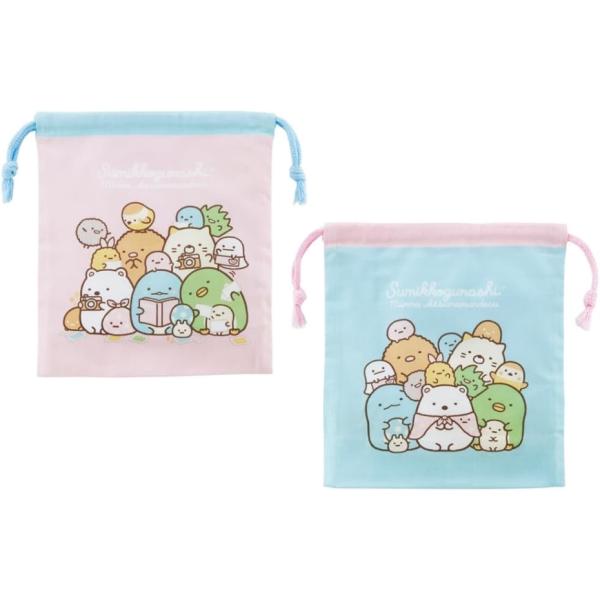 可愛いキャラクターのマチ付き巾着袋。てもお得な柄違い2枚セット！小物やお菓子など細々したものを入れるのに便利♪