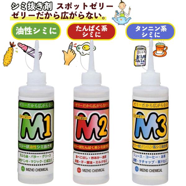 衣類用シミ抜き剤 スポットゼリー M1/M2/M3（油性・アルカリ性・酸性タイプ）250ml ゼリー状 クリーニング シミ抜き 食べ物汚れ 皮脂汚れ 衣類 ミズホケミカル
